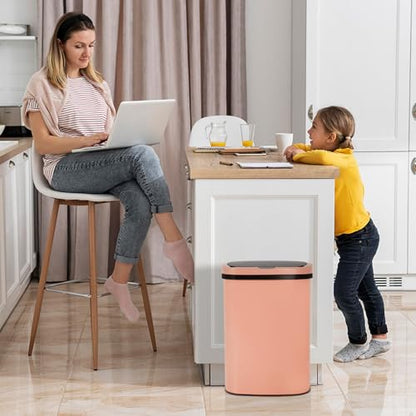 Kitchen Trash Can Automatic Motion Sensor Bathroom Trash Can with Lid,50 Liter/13 Gallon Touchless Trash Bin,Garbage Can Waterproof Garbage Bin Wastebasket for Toilet,Office,Caravans,Bedroom,Pink - color: Pink
