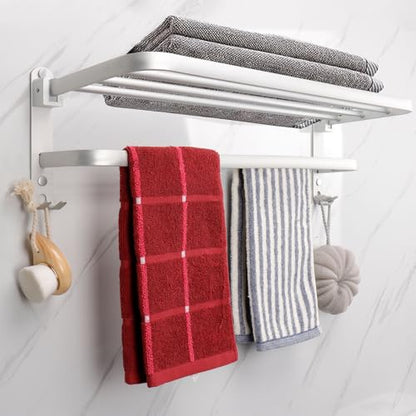 TocTen Towel Rack for Bathroom, Foldable Towel Holder with Double Towel Bars, Wall Mounted SUS304 Stainless Steel Bathroom Tower Shelf, Space-Saving Towel Hanger for Bathroom, Lavatory (Silver,24 in) - color: Silver
