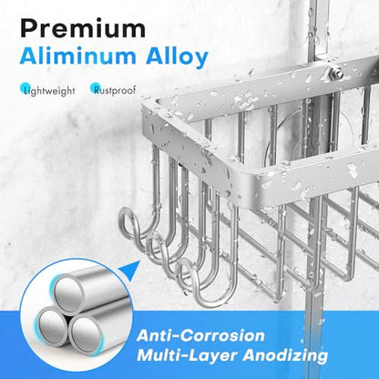 Sewulidon Aluminum Alloy Hanging Shower Caddy for Handheld Shower Heads,Rustproof Hose Shower Organizer 4 Levels Height Adjustable Shower Rack with Hooks,Razor Holder,Soap Holder - color: Aluminum Silver