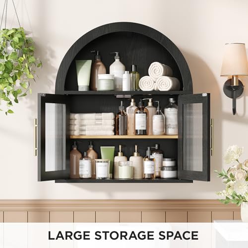 Maupvit Arched Bathroom Wall Cabinet, 23.6''W Modern Floating Medicine Cabinets with Fluted Glass Doors & Gold Handles, Space-Saving Over the Toilet Storage Cabinet for Bathroom Kitchen Laundry Room