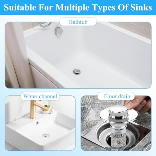 2Pcs Bathroom Sink Stoppers, Bathtub Drain Plugs, Pop-Up Sink Drain Strainers with Removable Stainless Steel Filter, Hair Catcher, Suitable for US Stainless Steel Sink Strainers