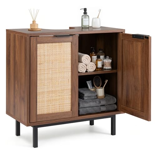 24-inch Pedestal Sink Storage Cabinet, Under Sink Cabinet (Brown) | U-Shaped Cut-Out | 2 Rattan Doors & Shelf | Solid Metal Legs - color: Brown