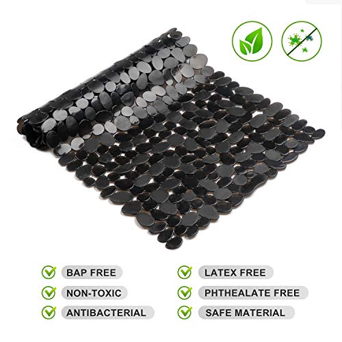 WELTRXE Non Slip Bathtub Mat 35 x 16 Inches Pebbles Shower Mats with Suction Cups, Drain Holes for Bathroom Showers, Tub, Machine Washable Bathroom Mats BPA, Latex Free Safe Tub Mats - Black - color: Pebbles-black, size: 35" x 16" (Rectangular)