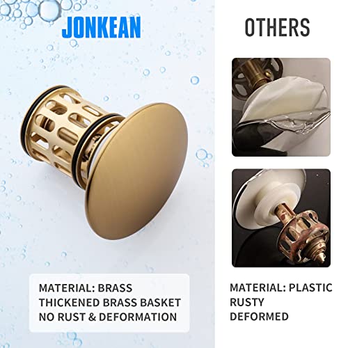 JONKEAN Brushed Gold Pop Up Drain Without Overflow for Bathroom Sink | Built-in Anti-Clogging Strainer, Brass and 304 Stainless Steel for 1.6"-1.9" Sink Hole, Sink Stopper Hair Catcher - size: With Overflow