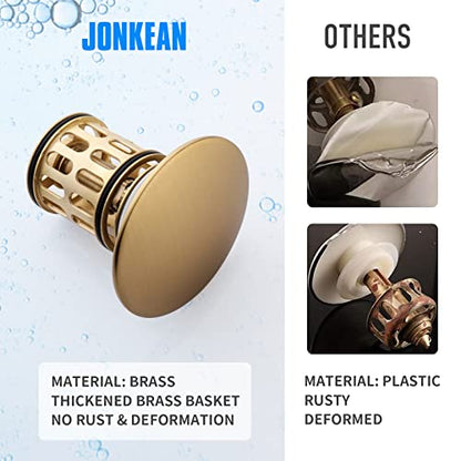 JONKEAN Brushed Gold Pop Up Drain Without Overflow for Bathroom Sink | Built-in Anti-Clogging Strainer, Brass and 304 Stainless Steel for 1.6"-1.9" Sink Hole, Sink Stopper Hair Catcher - size: With Overflow
