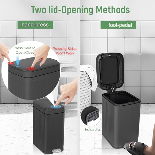 rejomiik Small Bathroom Trash Can with Lid Slim Soft Close Garbage Can Step Wastebasket Container Trash Bin for Office Bedroom Kitchen Living Room (2.6 Gallon Dark Gray) | Garbage Can with Pedal for Office, Bedroom, Kitchen & Living Room, Narrow Plastic W