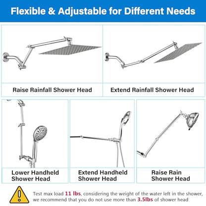 PDPBath Brass 16 Inch Shower Head Extension Arm, Upgrade Flexible Height & Angle Adjustable Shower Arm Extender with Lock Joints, for Fixed Shower Head & Handheld Shower Head, Chrome - color: Chrome, style: 6 Inch + 10 Inch
