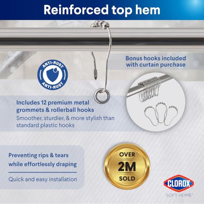 Clorox 2-in-1 Bathroom Shower Curtain Liner w Metal Hooks, Durable Fabric, Weighted Magnets for Bath Water Control, Washable Premium Quality, Modern - 72" x 72" White - color: White - Standard