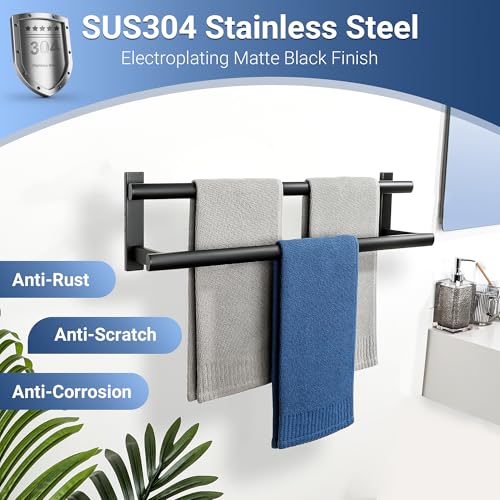 SAYAYO Double Towel Bar for Bathroom, 24 Inch Matte Black Bath Towel Rack Towel Holder Wall Mounted, SUS304 Stainless Steel - color: Matte Black, size: 24 Inch