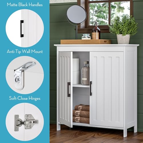 RiverRidge Monroe Two-Door Bathroom Floor Storage Cabinet - White | Linen Cabinet with Adjustable Interior Shelf and Soft Close Hinges, Matte Black Handles