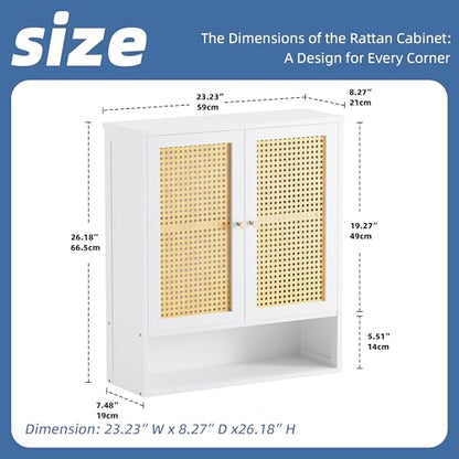 HITNET Rattan Wall Cabinet, Bathroom Hanging Storage Cupboard Over the Toilet, Space Saving Medicine Cabinet with Adjustable Shelf, White - color: White