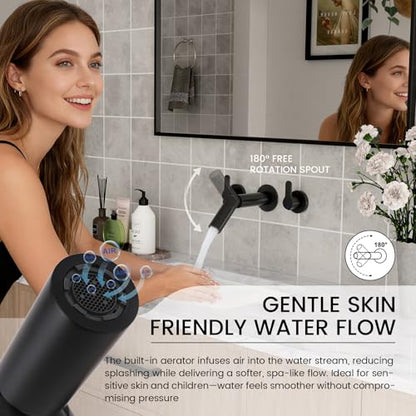 Wall Mount Bathroom Faucet Matte Black,Solid Brass Wall Mounted Sink Faucet,Widespread 3 Holes 2 Lever Handles Lavatory Vessel Sink Mixer Tap with Foldable Spout - color: Matte Black