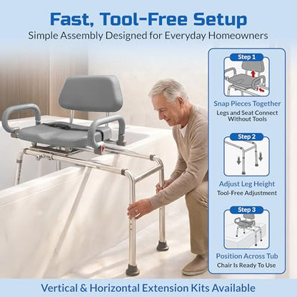 Carousel Sliding Shower Chair Tub Transfer Bench with Swivel Seat Elderly | Slide Safely In & Out of the Tub - Gray, padded seat, padded armrests, swivel seat, backrest, portable, tool-free assembly - color: Gray