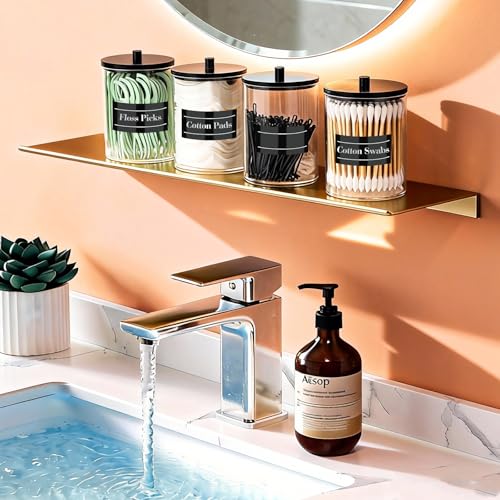 4 Pack 10 oz Acrylic Qtip Holder with Labels Dispenser- Bathroom Small Clear Plastic Canister Apothecary Jar Set Essentials Accessories Decor, Vanity Storage Organizer
