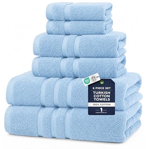 6 Pieces - Rhosus-Veteran Textile Turkish Cotton - Luxury Towel Set for Bathroom & Kitchen, 2 Bath Towels, 2 Hand Towels & 2 WashCloths *Valued $79.99* (SKYLITE Blue) - color: Skylite Blues