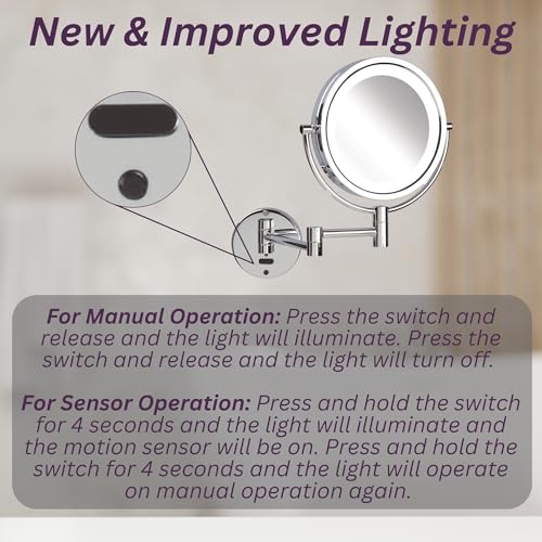 JERDON Lighted Wall-Mount Makeup Mirror - 8X - Chrome - JRT9500CL | Two-Sided Sensor Activation, 8.5" Round Frame, Swivel, 14" Wall Arm - color: Chrome
