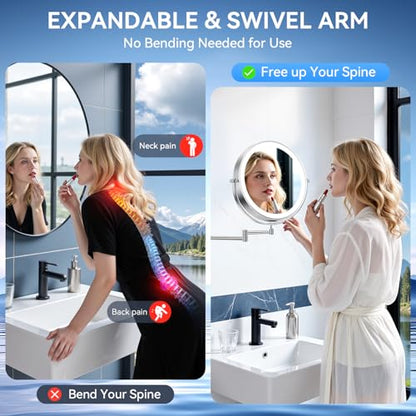 Auxmir 9″ 5000mAh 1X/30X Wall Mounted Lighted Magnifying Makeup Mirror | Power Adapter&2 Tweezers Included/ 3 Dimmable Colors/ Dual Sided Button Control/ Rechargeable/ 360° Rotation Extended Arm - color: 9'' 30x-chrome+adapter