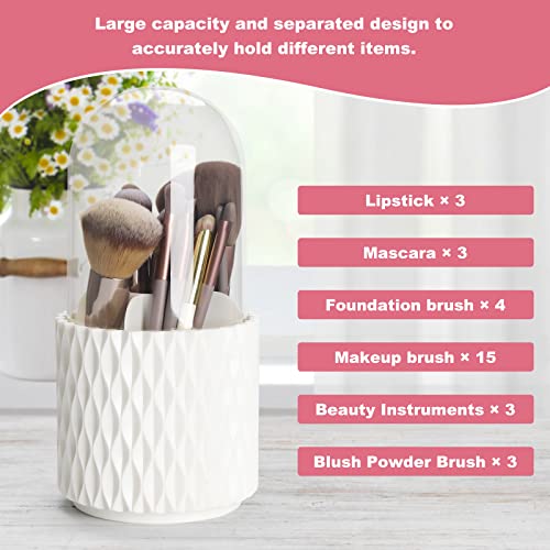 Makeup Brush Holder Organizer with Lid -360° Rotating Dustproof Make Up Brushes Container with Clear Acrylic Cover, Spinning Cosmetics Holders Storage Cup with 5 Compartment - color: White+Lid