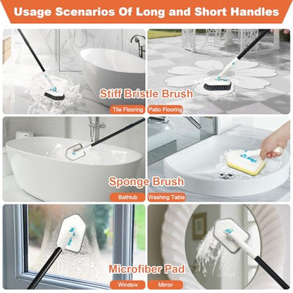 Long Handled Scrub Brush for Shower,3-in-1 Cleaning Brushes with 3 Different Function Cleaning Heads Brush for Shower Cleaning Bathroom Kitchen Walls Tub Tile (White) - color: White
