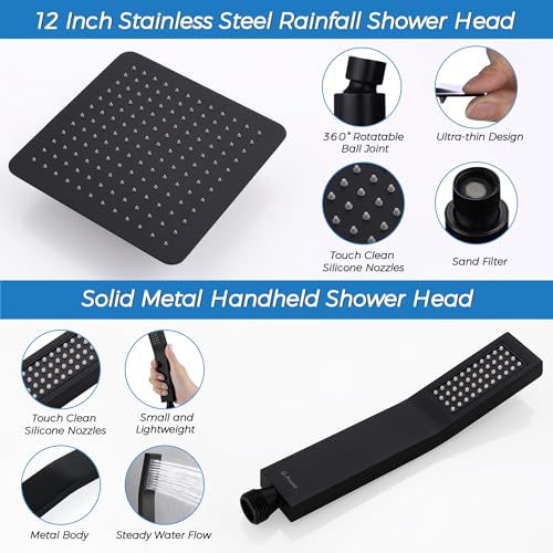 G-Promise All Metal 12 Inches Rainfall Shower Head with Handheld Combo | All Metal, Built to Last, Easy Install, Adjustable Height & Angle for All Heights, Extra Long Hose, Modern Upgrade - color: Matte Black, size: 12 Inches