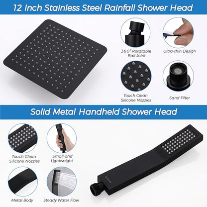 G-Promise All Metal 12 Inches Rainfall Shower Head with Handheld Combo | All Metal, Built to Last, Easy Install, Adjustable Height & Angle for All Heights, Extra Long Hose, Modern Upgrade - color: Matte Black, size: 12 Inches