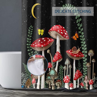 Extra Long Black Mushroom Shower Curtains 72 x 84 Inch, Waterproof Fabric Rustic Retro Mushroom Moon Butterfly Shower Curtain for Bathrooms - color: Black Mushroom, size: 72"W x 84"L (Pack of 1)
