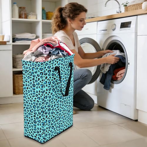 Leopard Cheetah Aqua Laundry Hamper Dirty Clothes Laundry Basket Bin for Bedroom Bathroom with Handles Slim Tall Collapsible Waterproof Freestanding 48L - color: Leopard cheetah Aqua