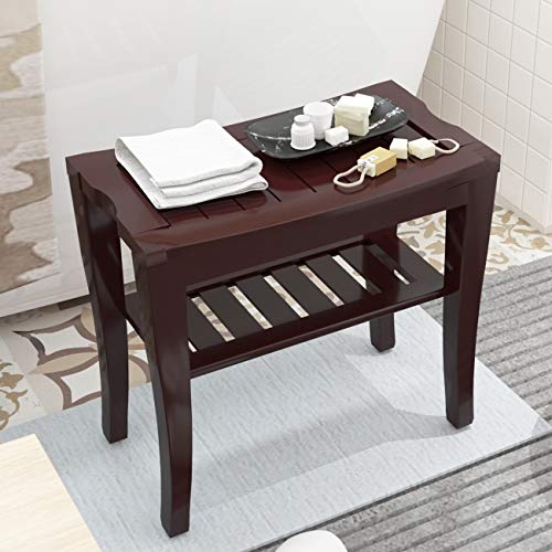 soges Bamboo Shower Bench, Waterproof Shower Stool with Storage Shelf, Wood Bath Organizer Seat, Brown - color: Brown