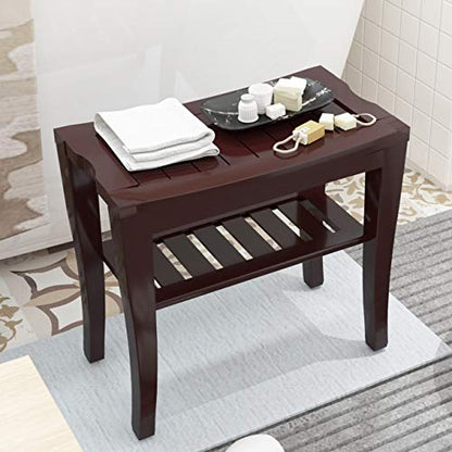 soges Bamboo Shower Bench, Waterproof Shower Stool with Storage Shelf, Wood Bath Organizer Seat, Brown - color: Brown
