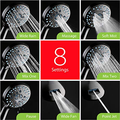 Hotel Spa AquaCare High Pressure 8-mode Handheld Shower Head, Anti-clog Nozzles - Built-in Power Wash to Clean Tub, Tile & Pets, Extra Long 6 ft. Stainless Steel Hose, Wall & Overhead Brackets | Stay Clean Nozzles, Dual Power Wash for Tub, Tile & Pets, Lo