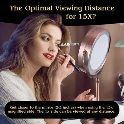MIRRORVANA Lighted Make Up Mirror with 15X Magnification - 15X & 1X Double Sided LED Makeup Mirror with 3 Lighting Modes, Rechargeable Battery with USB Cable - 8" Wide & 15" Tall (Antique Bronze)