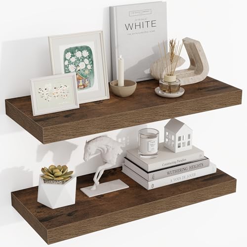 Acovy 24 Inch Floating Shelves, 3D Textured 24"x9.25"x1.5" Inch Deep Floating Shelves for Wall, Wooden Shelves for Bathroom, Bedroom, Living Room, Brown, 2 Pieces - color: Brown, size: 24"x9.25"-2pcs