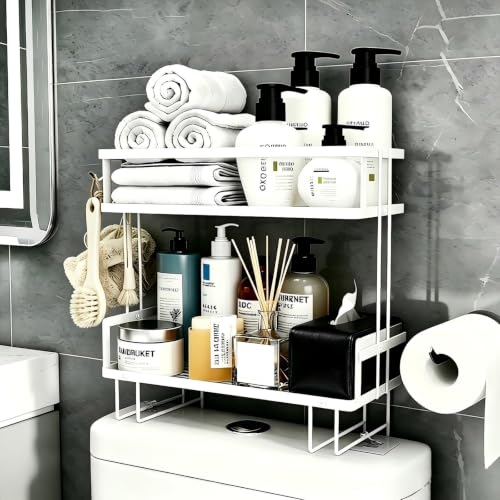 Over The Toilet Storage Rack - Bathroom Organizer Shelf, 2-Tier Floating Shelves with Hooks, No-Drill, Toilet Paper Holder for Restroom Bathroom Vanity Kitchen (White) - color: White, size: 2 Tier