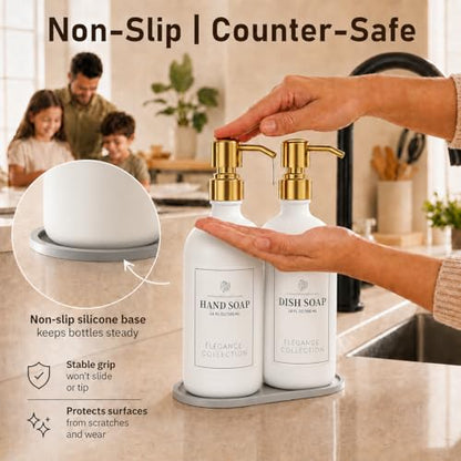 Fachixy White Glass Soap Dispenser 2 Pack, 16 Fl Oz, 14 Waterproof Labels | Rust-Resistant Stainless Steel Pump, Non-Slip Pad, Hand & Dish Soap Dispenser Bottles Set for Kitchen and Bathroom - color: White