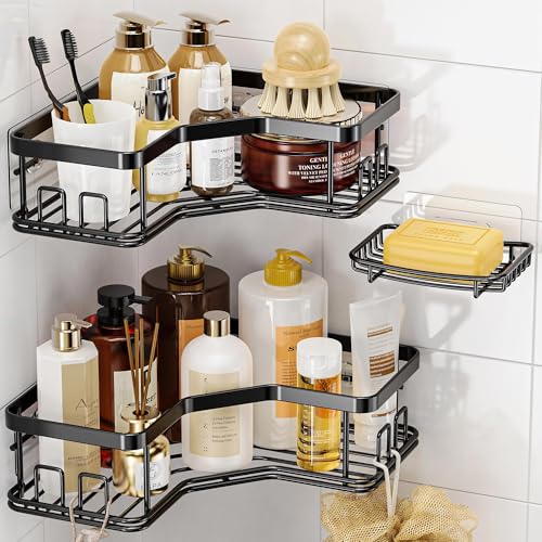 MAXIFFE 3 Pack Corner Shower Caddy with Soap Holder, Large Capacity Sturdy Easy Install No Drilling Stainless Steel Hold 40 LBS Shower Organizer Shelves Rack Storage for Family Renters Bathroom, Black - color: Black L