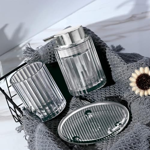 CERBIOR Bathroom Accessories Set, 4 PCS Glass Bathroom Set,Silver Grey | Includes Soap Dispenser, Toothbrush Holder, Toothbrush Cup, Soap Dish for Decorative Countertop and Housewarming Gift - style: Silver Grey