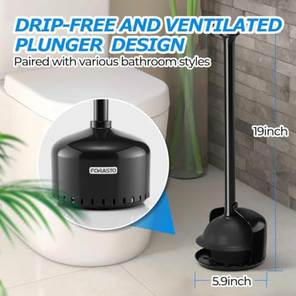FORASTO 2Pack Toilet Plunger with Holder - Heavy Duty Bathroom Tools | Plungers for Bathroom, Toilet Bowl Cleaners, Apartment Must Haves, Bathroom Decor Accessories, Home Essentials, Black