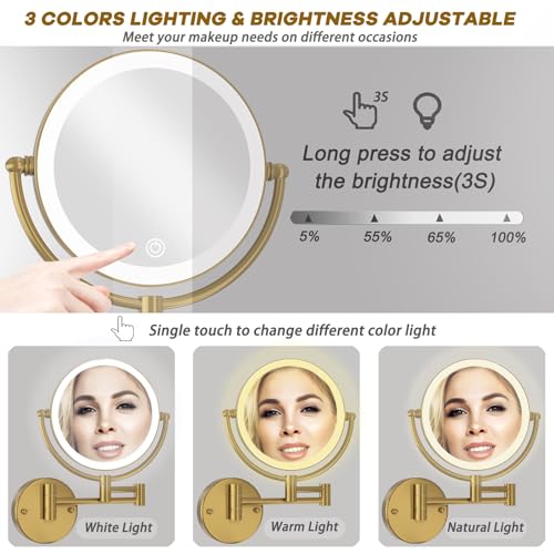 8" Lighted Magnifying Makeup Mirror Wall Mounted, Brushed Moderne Brass | 1X/10X Double Sided, 3 LED Color Touch Dimmable, 360 Swivel Gold Extendable Arm Vanity Shaving for Bathroom, Rechargeable - color: Brushed Moderne Brass