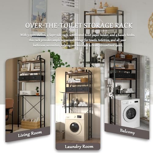 Over The Toilet Storage Cabinet, 3-Tier Bathroom Shelves Over Toilet, Easy Installation with Drain Basket, Side Rack, X Shape Side Guardrail, Freestanding Toilet Rack for Balcony, Laundry