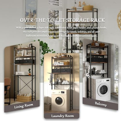 Over The Toilet Storage Cabinet, 3-Tier Bathroom Shelves Over Toilet, Easy Installation with Drain Basket, Side Rack, X Shape Side Guardrail, Freestanding Toilet Rack for Balcony, Laundry