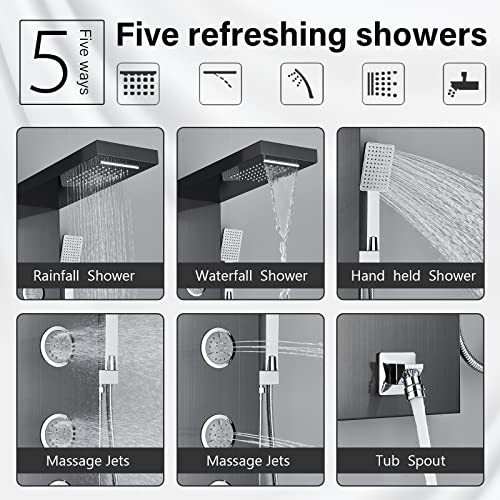 AlenArt Shower Panel Tower System, Multi Function Shower System with Body Jets, Handheld Sprayer, Rainfall Waterfall Shower Head and Tub Spout Stainless Steel Wall Mount Shower Panels Black - color: Black