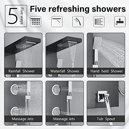 AlenArt Shower Panel Tower System, Multi Function Shower System with Body Jets, Handheld Sprayer, Rainfall Waterfall Shower Head and Tub Spout Stainless Steel Wall Mount Shower Panels Black - color: Black