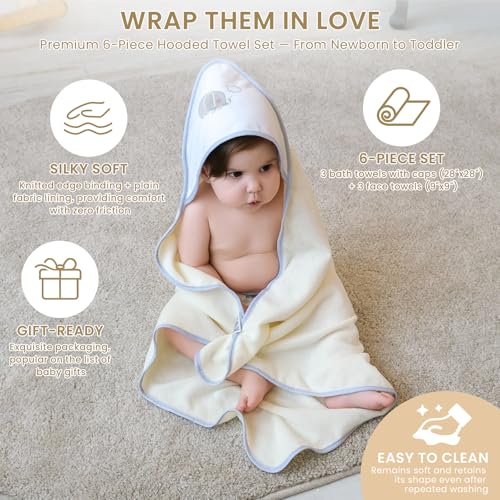 Softan Baby Hooded Towels and Washcloths Set 6 Pack, 28x28 Ultra Soft & Absorbent Baby Bath Towels for Newborn Infant Toddler, Unisex Boys Girls (Green Elephant) - color: Green Elephant