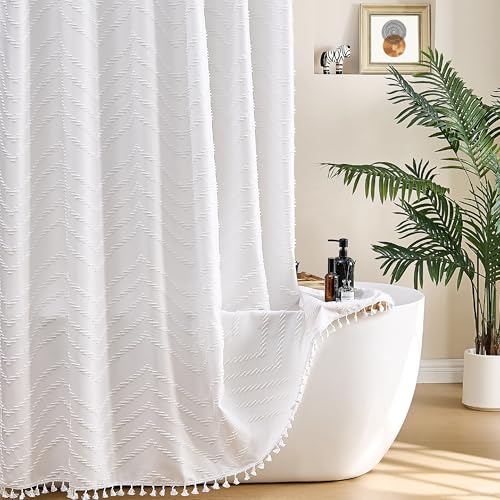 Siiluminisoy 78 Inch Shower Curtain White Shower Curtain Fabric 72x78 Shower Curtains Cloth Textured Tufted Chevron Elegant Shower Curtains Waterproof for Bathroom - color: A White, size: 72"W x 78"L (Pack of 1)