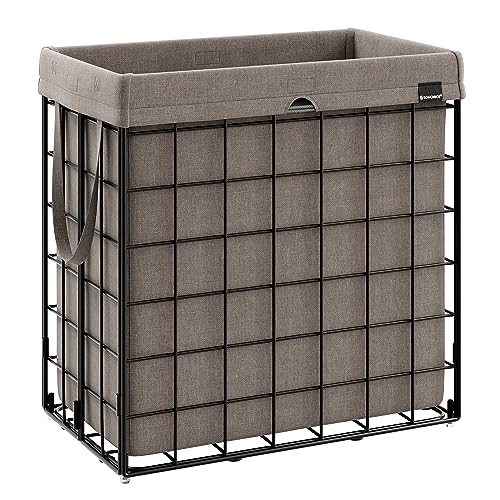 SONGMICS Laundry Hamper, 29 Gal. (110L) Laundry Basket, Collapsible Clothes Hamper, Removable and Washable Liner, Metal Wire Frame, for Bedroom Bathroom, Black and Camel Brown ULCB111N01 - color: Black + Camel Brown, size: 110 L
