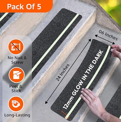 Outdoor Non-Slip Stair Treads With Glow Stripe, High-Traction Grip Tape | 5 Pack, 6 x 24 Inches, Outdoor Use, Grit Non-Skid Surface, Abrasive Adhesive, High-Friction Design, Weather Resistant - size: Glow in Dark, style: 5 Pack