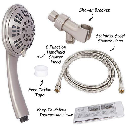 Luxury Handheld Shower Kit - 1.8 GPM - Brushed Nickel | 6 Function High Pressure Removable Hand Held Showerhead with Hose and Mount, Easy Install for Boosting Low Water Flow Baths - color: Brushed Nickel, size: 1.8 GPM