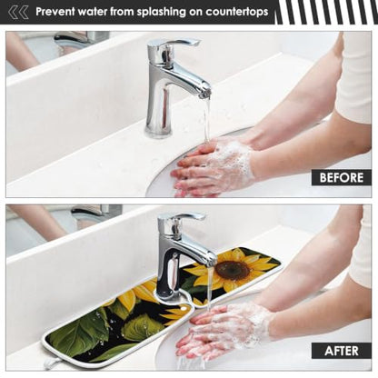 Sink Splash Guard Behind Faucet Mat for Kitchen Drain Mats Handle Drip Catcher Tray for Bathroom 24 inch Dish Drying Pad Sunflower Black Microfiber Pack of 2 - size: M23.6x5.5in x2