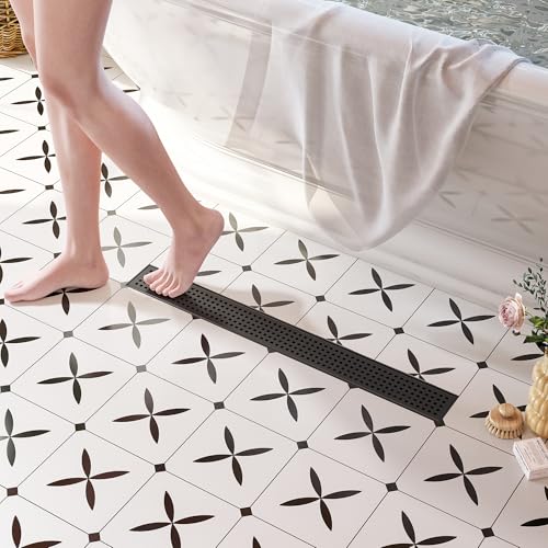 Neodrain 24In Offset Side Outlet Linear Shower Drain w/Grate Cover, Black | w/ Quadrato Pattern Grate Cover, 304 Stainless Steel Rectangle Shower Floor Drain, with Leveling Foot, Hair Strainer Catche - color: Matte Black- Pattern Grate Cover, size: 24 IN