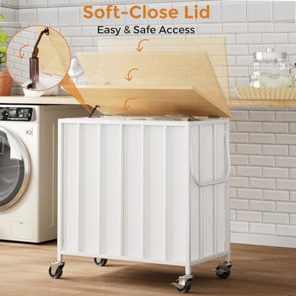 120L Laundry Hamper with Lid, Rolling Laundry Basket with Dual Liner Bags | Soft-Close Lid; Dual Removable Liners; Lockable Casters; Metal Handles; Easy Assembly